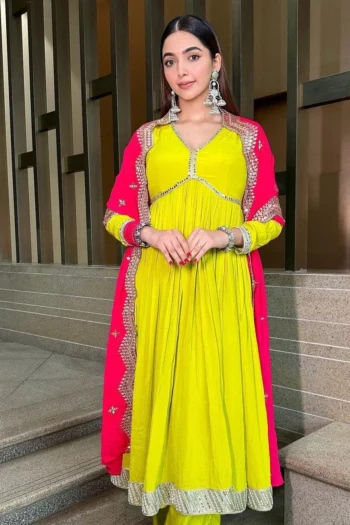 Heavy Embroidered Fox Georgette Gown Set with Mirror Dupatta