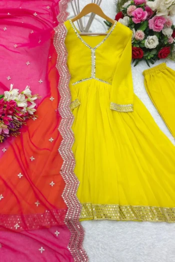 Heavy Embroidered Fox Georgette Gown Set with Mirror Dupatta
