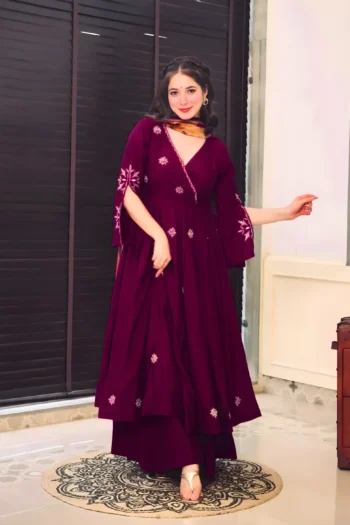 Designer Chinnon Silk Gown with Embroidery and Dupatta Set
