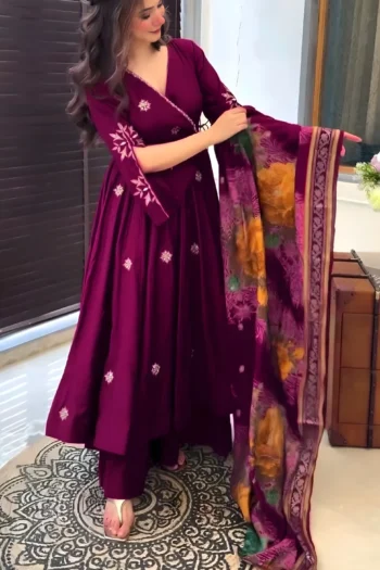 Designer Chinnon Silk Gown with Embroidery and Dupatta Set