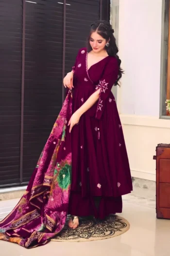 Designer Chinnon Silk Gown with Embroidery and Dupatta Set