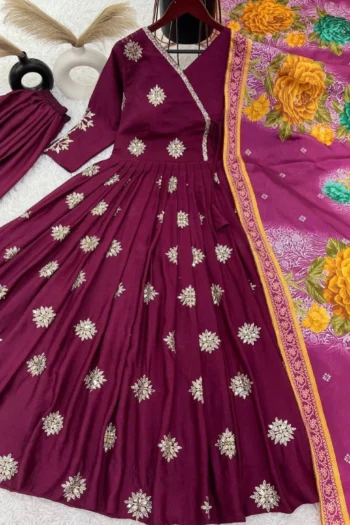 Designer Chinnon Silk Gown with Embroidery and Dupatta Set