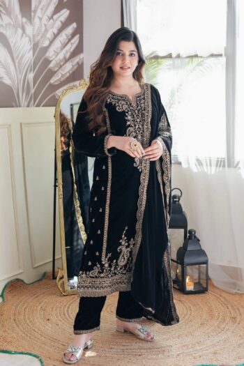 Luxury Velvet Embroidered Party wear Suit with Sequins Work