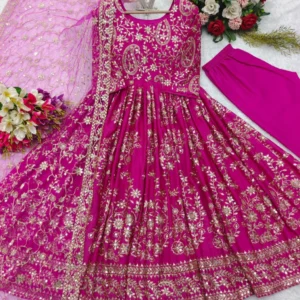 Heavy Chinon Silk Gown Set with Embroidery and Net Dupatta