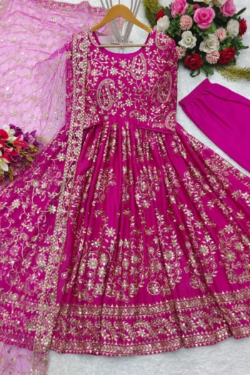 Heavy Chinon Silk Gown Set with Embroidery and Net Dupatta
