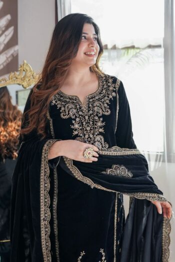 Luxury Velvet Embroidered Party wear Suit with Sequins Work