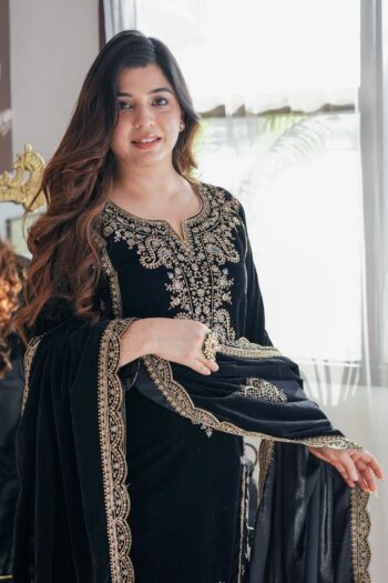 Luxury Velvet Embroidered Party wear Suit with Sequins Work