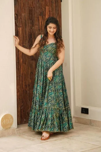 Elegant Bandhani Muslin Maxi Dress with Adjustable Straps