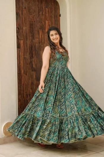 Elegant Bandhani Muslin Maxi Dress with Adjustable Straps