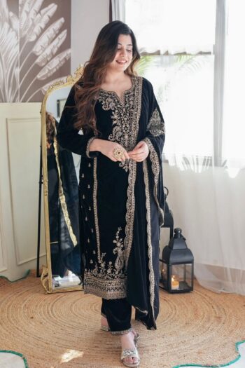 Luxury Velvet Embroidered Party wear Suit with Sequins Work