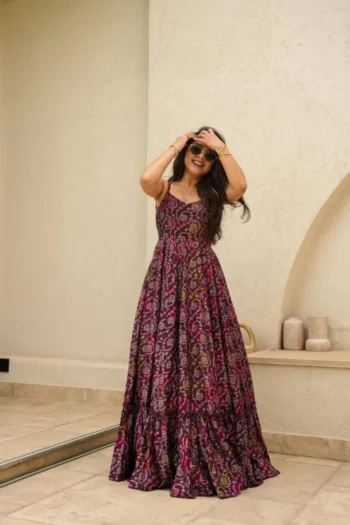 Elegant Bandhani Muslin Maxi Dress with Adjustable Straps