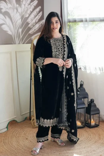 Royal Velvet Embroidered Party Wear Set with Fancy Dupatta