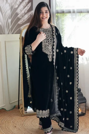 Royal Velvet Embroidered Party Wear Set with Fancy Dupatta