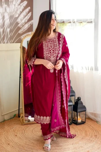 Royal Velvet Embroidered Party Wear Set with Fancy Dupatta