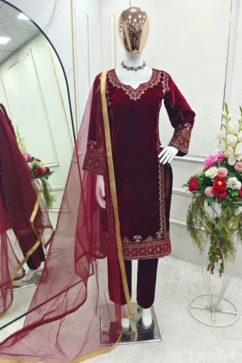 Velvet Radiance: Embroidered Top-Pant-Dupatta Set – Ready Wear