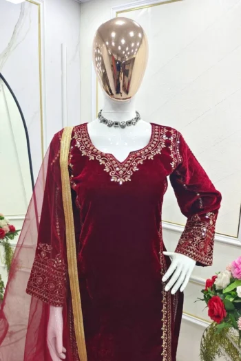 Velvet Radiance: Embroidered Top-Pant-Dupatta Set – Ready Wear