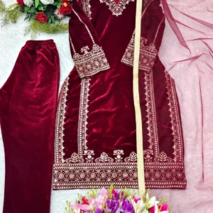 Velvet Radiance: Embroidered Top-Pant-Dupatta Set – Ready Wear