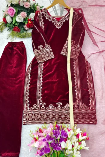 Velvet Radiance: Embroidered Top-Pant-Dupatta Set – Ready Wear