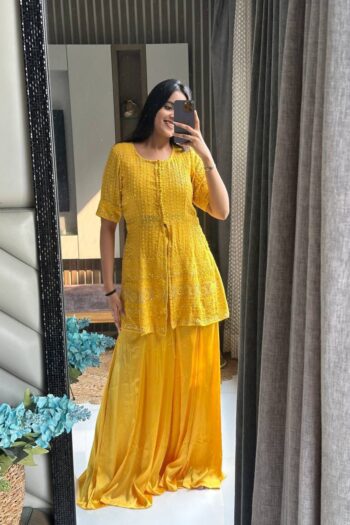 Yellow Chikankari Jacket Sharara Set with Thread Sequins Work