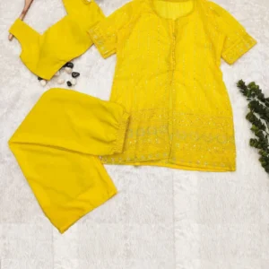 Yellow Chikankari Jacket Sharara Set with Thread Sequins Work