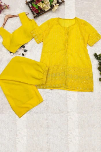 Yellow Chikankari Jacket Sharara Set with Thread Sequins Work