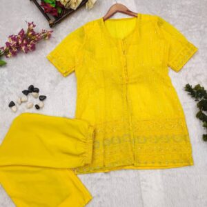 Yellow Chikankari Jacket Sharara Set with Thread Sequins Work