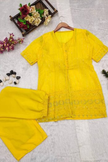 Yellow Chikankari Jacket Sharara Set with Thread Sequins Work