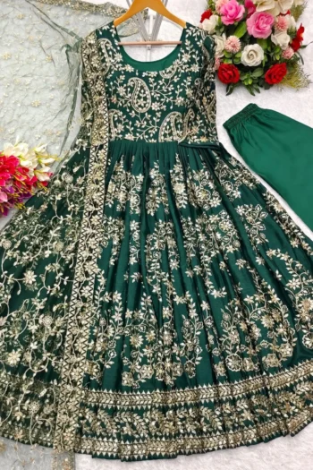 Heavy Chinon Silk Gown Set with Embroidery and Net Dupatta