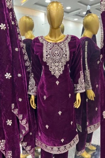 Velvet Elegance: Designer Party Wear Set with Heavy Embroidery