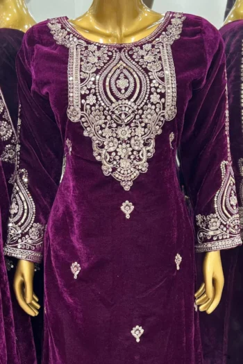 Velvet Elegance: Designer Party Wear Set with Heavy Embroidery