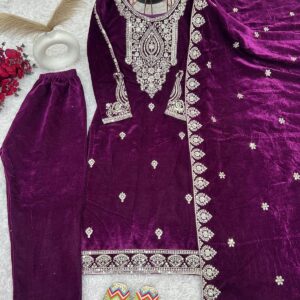 Velvet Elegance: Designer Party Wear Set with Heavy Embroidery