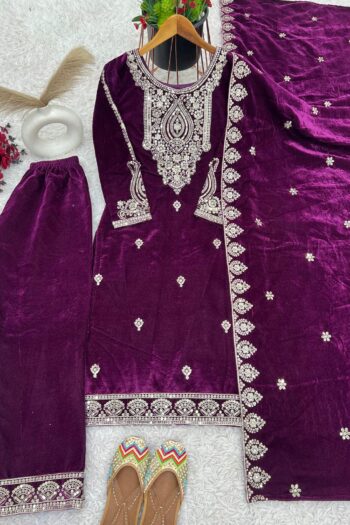 Velvet Elegance: Designer Party Wear Set with Heavy Embroidery