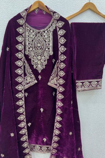 Velvet Elegance: Designer Party Wear Set with Heavy Embroidery