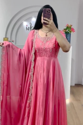 Elegant Chinon Embroidered Gown with Sequin & Thread Dupatta