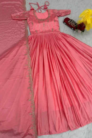 Elegant Chinon Embroidered Gown with Sequin & Thread Dupatta