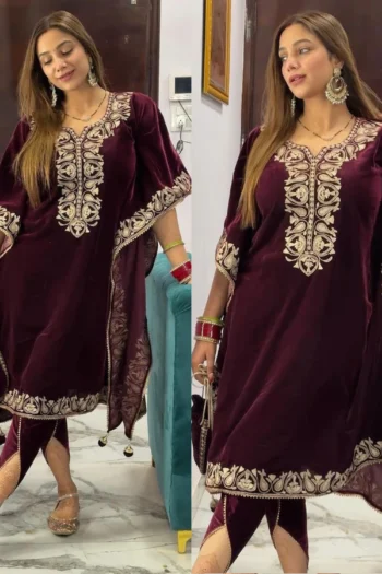 Winter Collection: Embroidered Velvet Kaftan, Dhoti & Potli