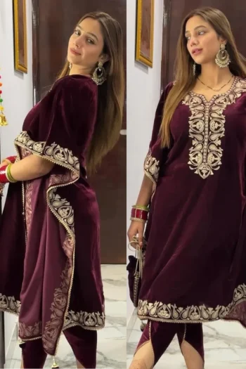 Winter Collection: Embroidered Velvet Kaftan, Dhoti & Potli