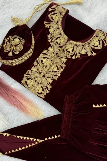 Winter Collection: Embroidered Velvet Kaftan, Dhoti & Potli