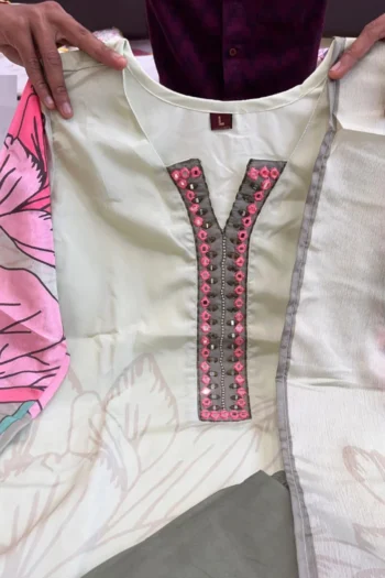 Floral Mirror Work Muskin Silk Kurti-Pants Set with Dupatta