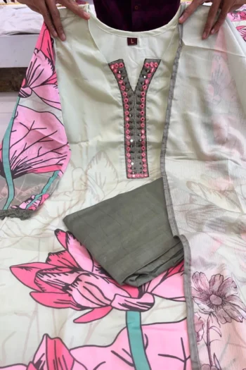 Floral Mirror Work Muskin Silk Kurti-Pants Set with Dupatta