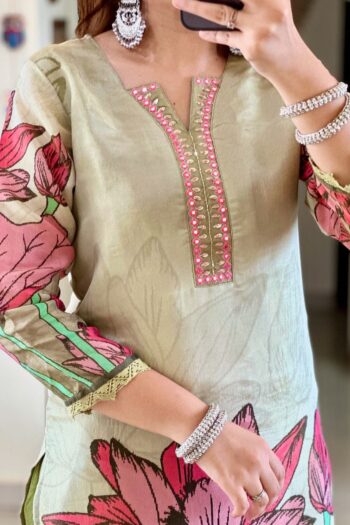 Floral Mirror Work Muskin Silk Kurti-Pants Set with Dupatta
