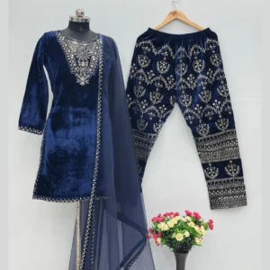 Designer Velvet Suit Set with Embroidered Palazzo & Dupatta