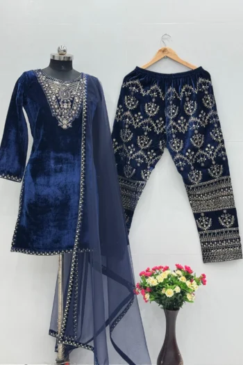 Designer Velvet Suit Set with Embroidered Palazzo & Dupatta
