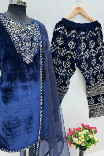 Designer Velvet Suit Set with Embroidered Palazzo & Dupatta