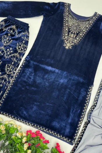 Designer Velvet Suit Set with Embroidered Palazzo & Dupatta