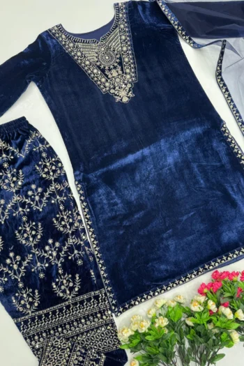 Designer Velvet Suit Set with Embroidered Palazzo & Dupatta