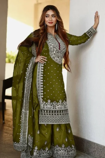 Royal Embroidered Sequence Work Top-Gharara and Dupatta Set