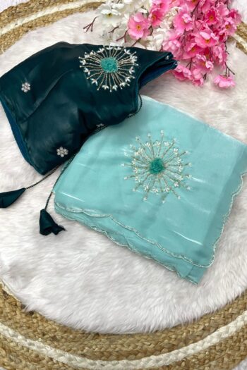 Premium Jimmy Choo Satin Saree with Khatli Handwork and Arco Border