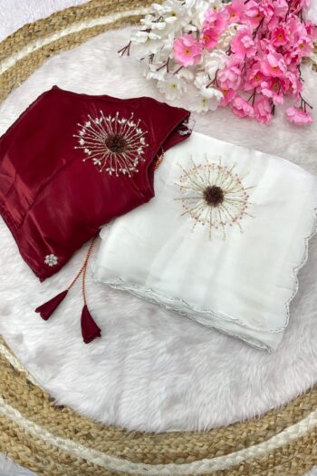 Premium Jimmy Choo Satin Saree with Khatli Handwork and Arco Border
