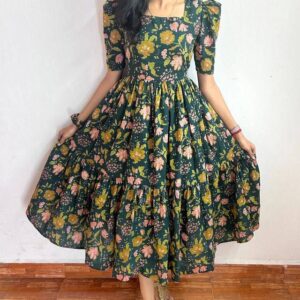 Green Floral Dress with Back Knot and Frill Hem